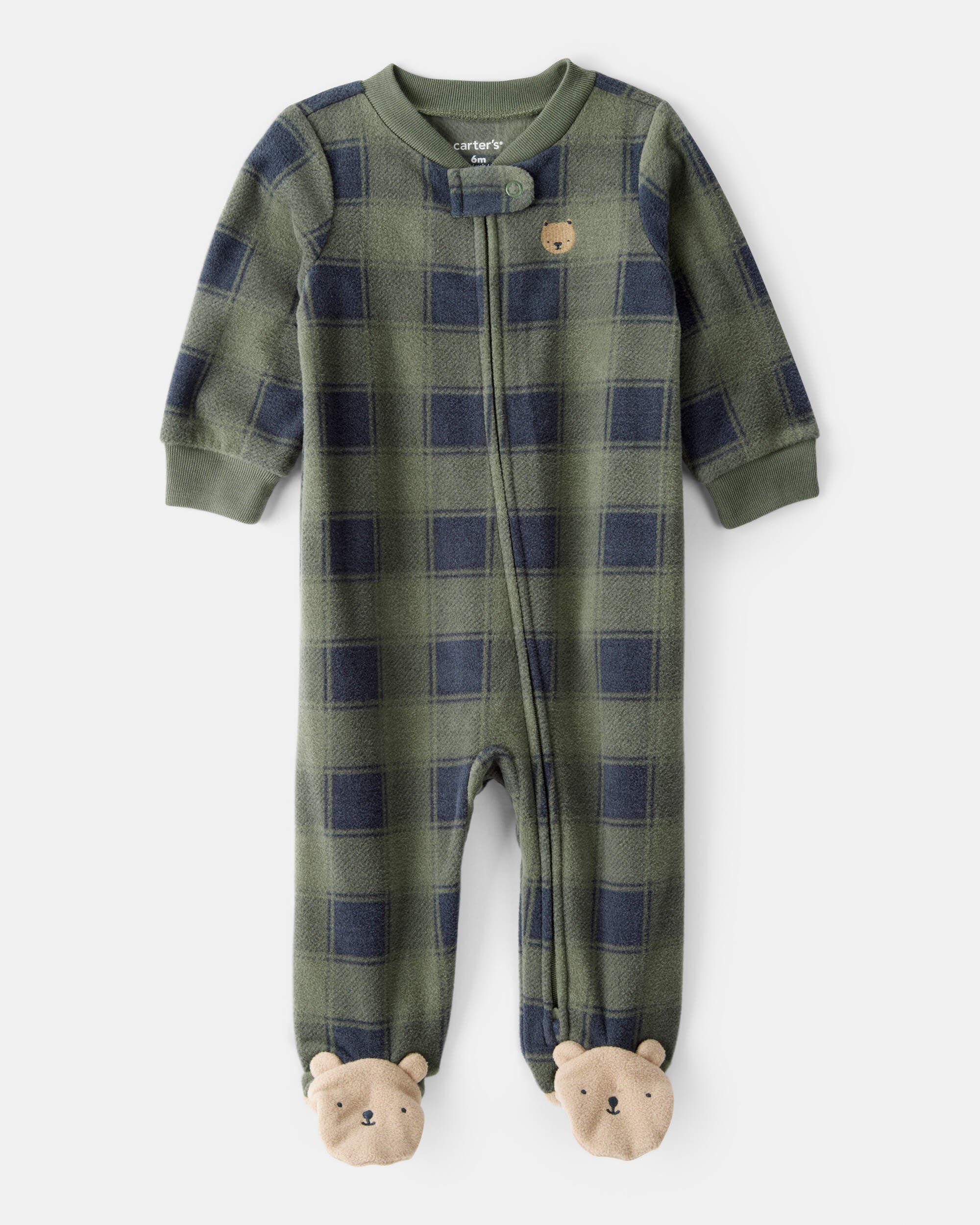 Baby Boy Bear Plaid Print Loose Fit Long-Sleeve Sleep & Play Pajamas - Green