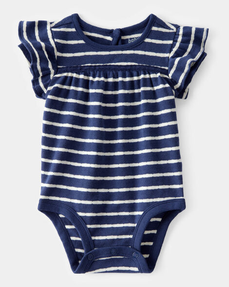  Product image 1 of Baby Pointelle Striped Ruffle  Short-Sleeve Bodysuit - Navy/White