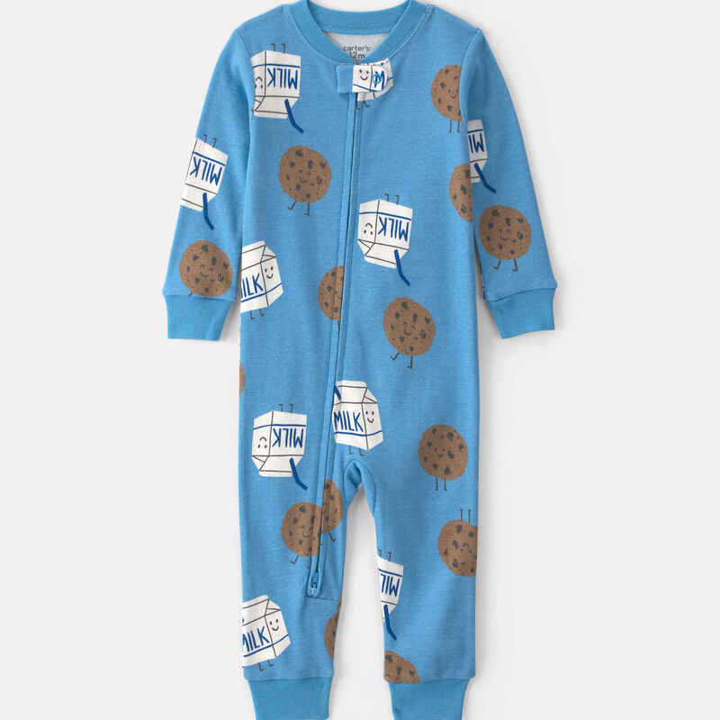Toddler Boy 1-Piece Milk & Cookies 100% Cotton Snug Fit Pajama - Blue