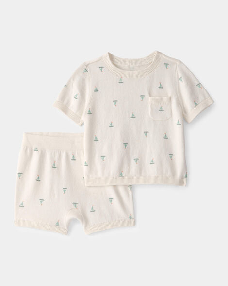 baby 2-piece sailboat sweater top & short set - ivory