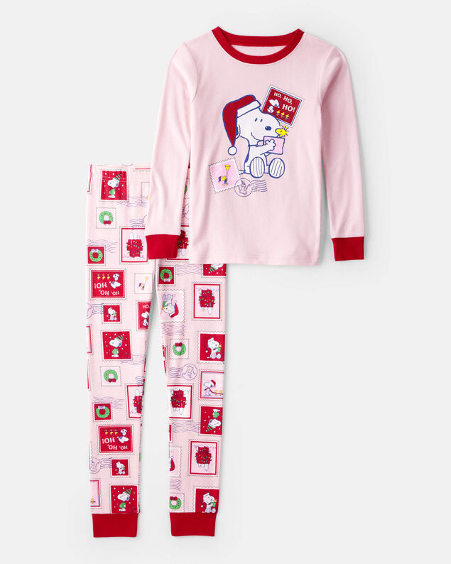 Product image 1 of Girls Peanuts Snoopy Print 100% Cotton Long-Sleeve Snug Fit 2-Piece Pajamas - Pink