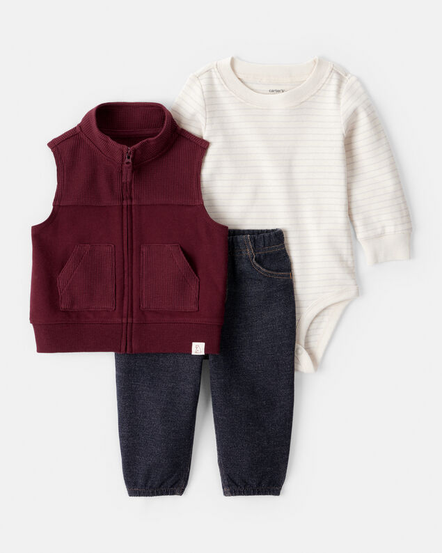 Product image 1 of Baby Boy 3-Piece Long-Sleeve Bodysuit, Vest & Denim Pant Set