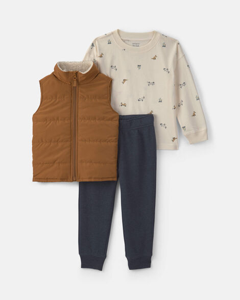 toddler boy 3-piece fleece long-sleeve top & pant set - brown/cream