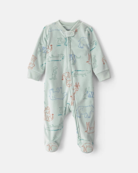 baby boy safari fleece 2-way zip sleep & play pajamas - green