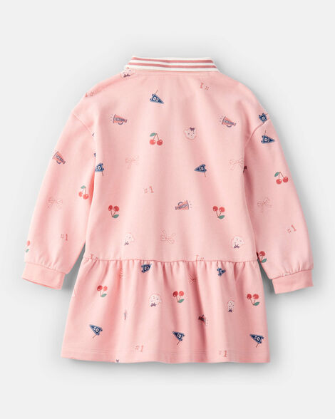 Toddler Girl Art Print Collared Long-Sleeve Dress - Pink