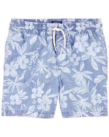 Kid Tropical Print Chambray Drawstring Shorts