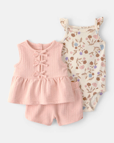 baby girl 3-piece floral top, bodysuit & short set - pink/cream