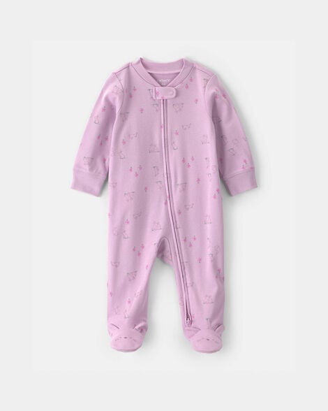 baby girl bunny 100% cotton 2-way zip sleep & play pajamas - purple