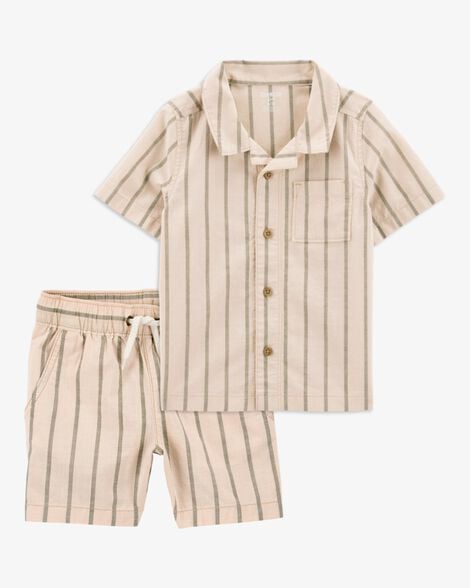 Product image 1 of Toddler 2-Piece Striped Button-Down Shirt & Drawstring Shorts Set - Khaki
