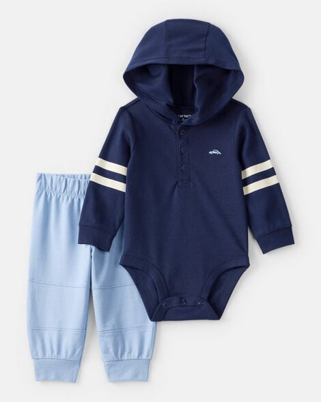 baby boy 2-piece car bodysuit & pant set - blue