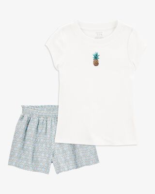 Product image 1 of Kid 2-Piece Pineapple Graphic Tee & Linen Look-Alike Flowy Pull-On Shorts Set - White/Blue
