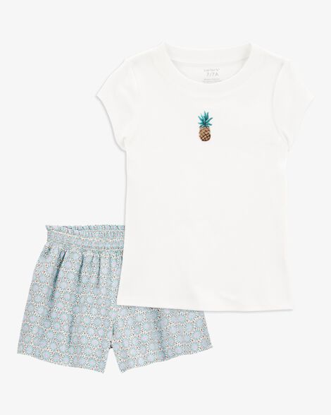  Product image 1 of Kid 2-Piece Pineapple Graphic Tee & Linen Look-Alike Flowy Pull-On Shorts Set - White/Blue
