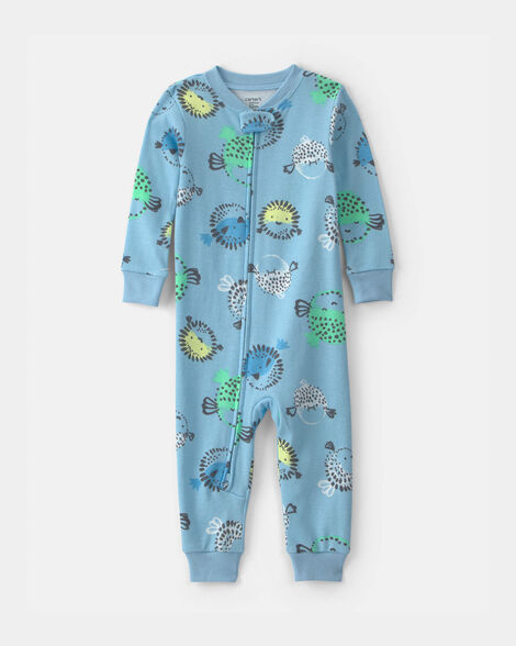 toddler boy pufferfish 100% cotton 1-piece pajama - blue