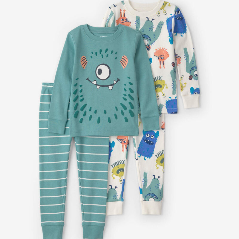 Baby Boy 4-Piece Monster 100% Cotton Snug Fit Pajama Set - Teal/Cream