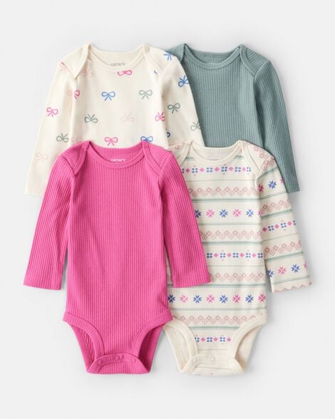 baby girl 4-pack bow print long-sleeve multipack bodysuits - multi