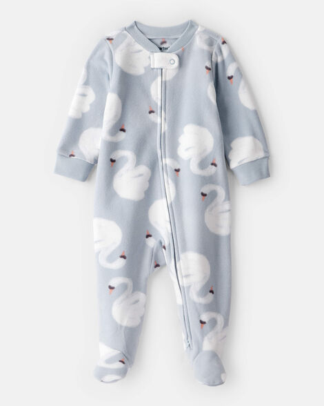 baby girl swan print fleece long-sleeve loose fit sleep & play pajamas - blue