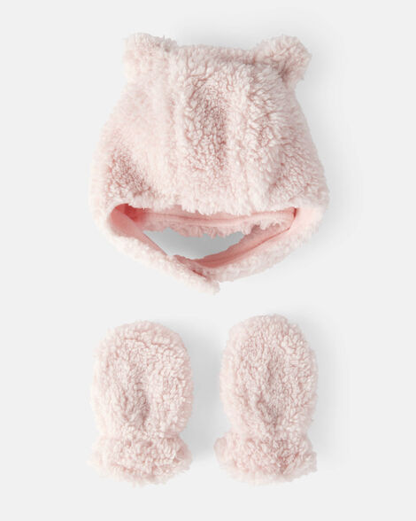baby girl sherpa winter hat & mittens set - pink