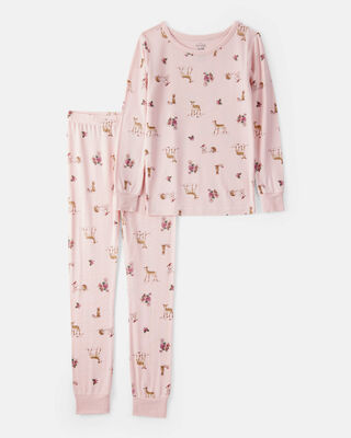 Product image 1 of Girls Deer & Floral Print PurelySoft Long-Sleeve 2-Piece Pajamas - Pink