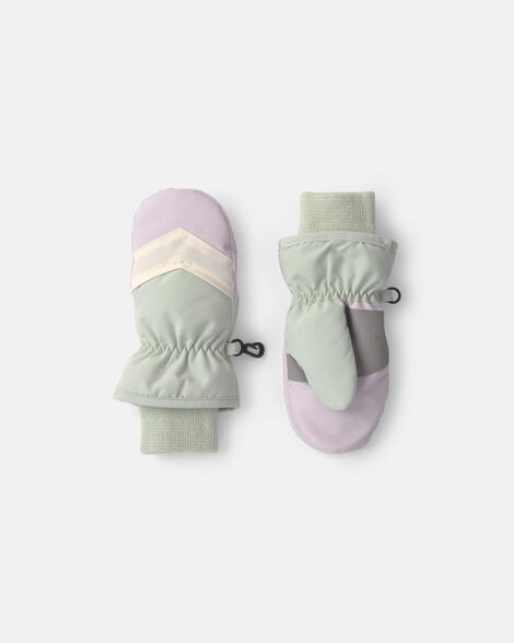 toddler girl color block ski mittens - green/white/purple