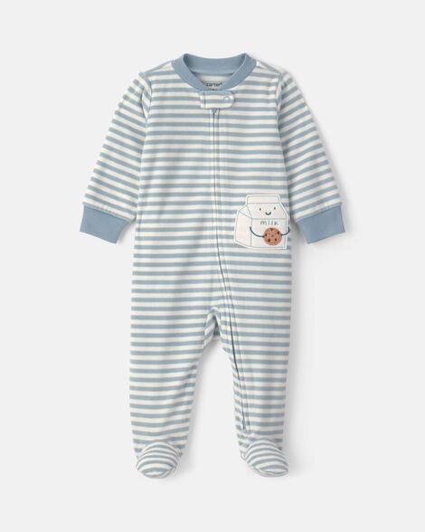 baby milk & cookies striped fleece 2-way zip sleep & play pajamas - blue