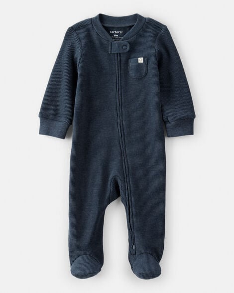 baby boy solid cotton long-sleeve 2-way zip sleep & play pajamas - navy