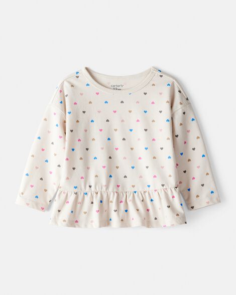 baby girl heart print long-sleeve peplum top - cream