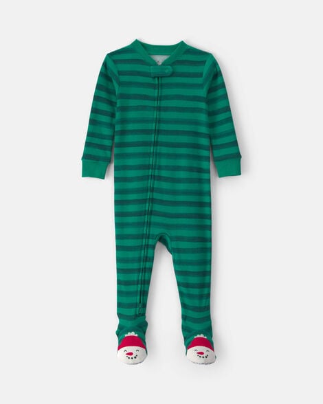 toddler 1-piece striped snowman 100% cotton snug fit footed pajama - green