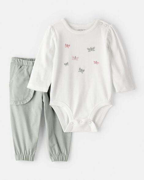 baby girl 2-piece butterfly bodysuit & pant set - green/white