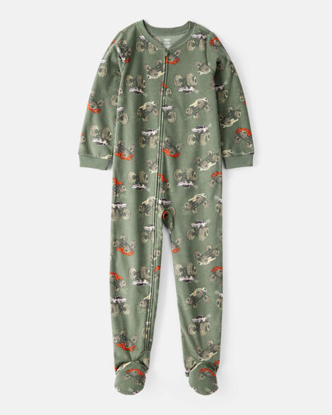 kid 1-piece monster truck fleece footie pajamas - green
