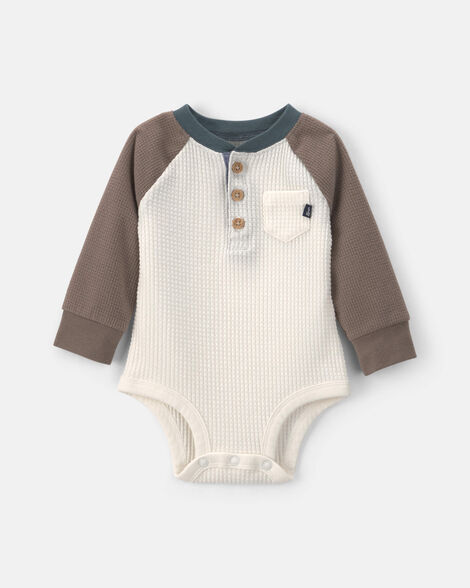 Baby Boy Waffle-Knit Long-Sleeve Henley Bodysuit - Cream/Brown