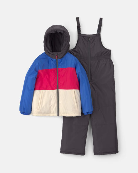 boys 2-piece color block hooded snowsuit jacket & bib set -blue/red
