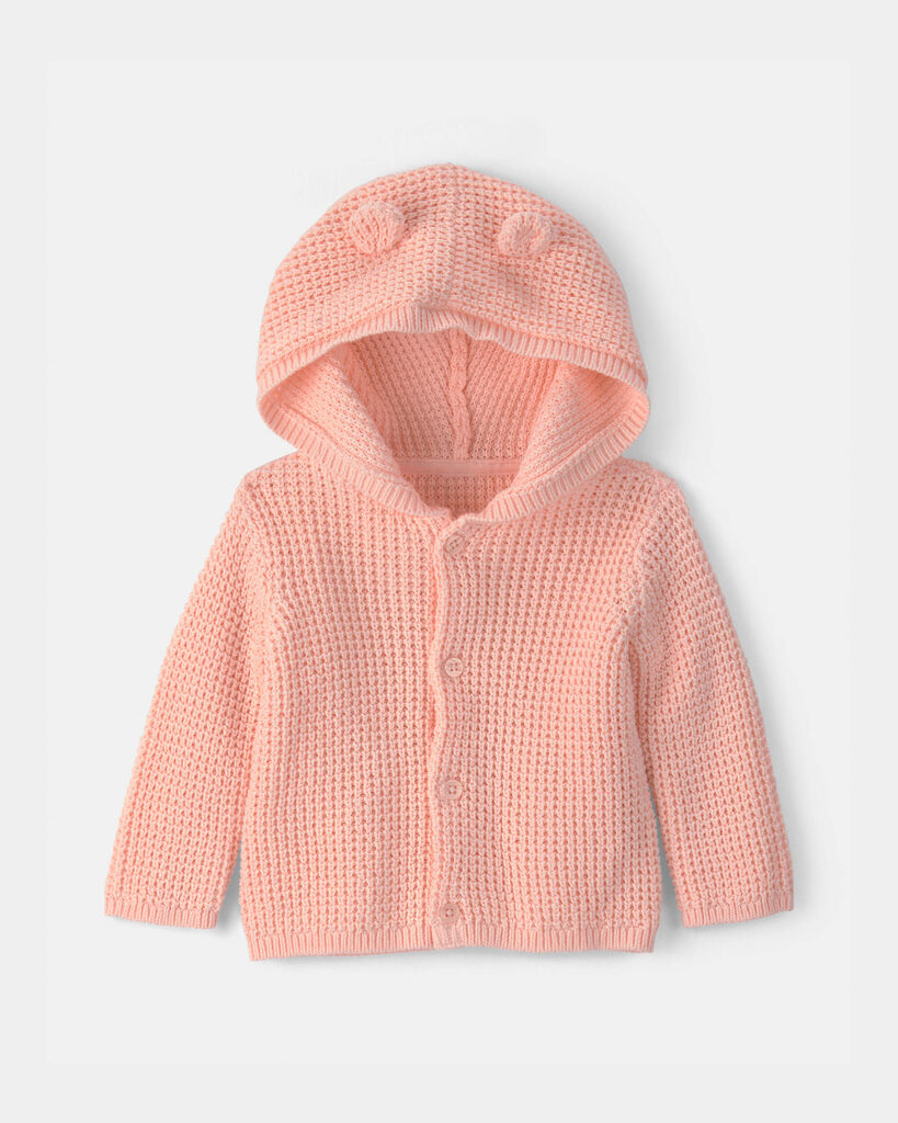 Carter's Baby Girls Hooded Long Sleeve Button Rib Knit Cardigan, 3 Months, Pink