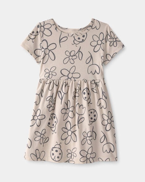 toddler girl floral ladybug short-sleeve dress - brown