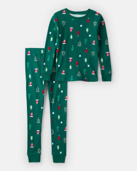 Product image 1 of Kid Christmas Tree Print 100% Cotton Long-Sleeve Snug Fit 2-Piece Pajamas - Green