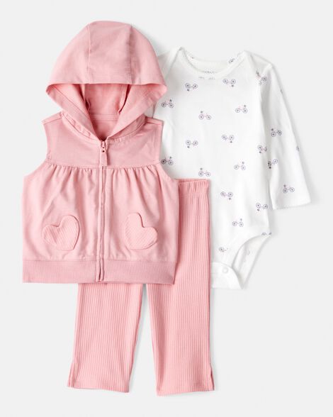 baby girl 3-piece heart vest outfit set - pink