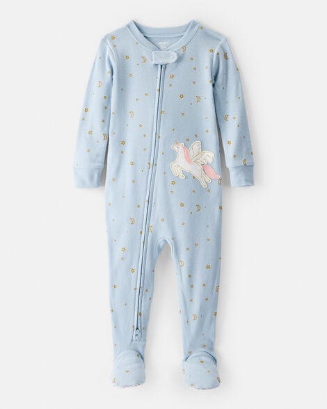 baby girl unicorn star print 100% cotton long-sleeve 2-way zip 1-piece pajamas - blue