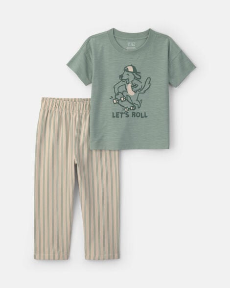toddler boy 2-piece skateboard short-sleeve top & pant set - green/cream