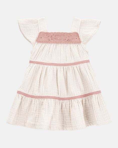 baby girl striped tiered dress - white/pink