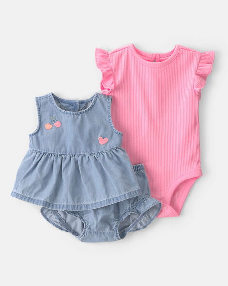 baby girl 3-piece cherry chambray sleeveless top, bodysuit & short set - pink/blue