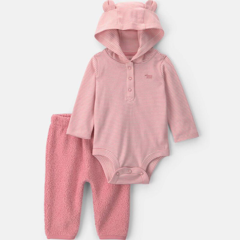 Baby Girl 2-Piece Bear Teddy Fleece Long-Sleeve Bodysuit & Pant Set - Pink