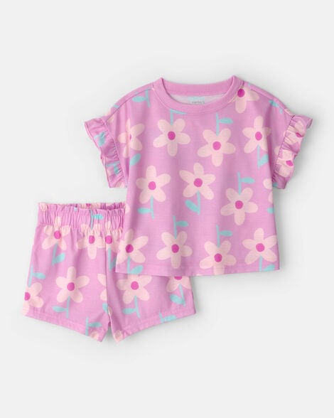 toddler girl floral short-sleeve loose fit 2-piece pajama set - pink