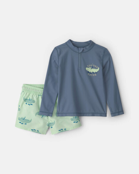 toddler boy 'sea you later' alligator rashguard swimsuit set - green