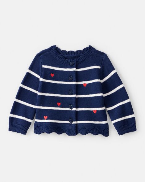 Baby Girl Striped Heart Long-Sleeve Cardigan - Navy