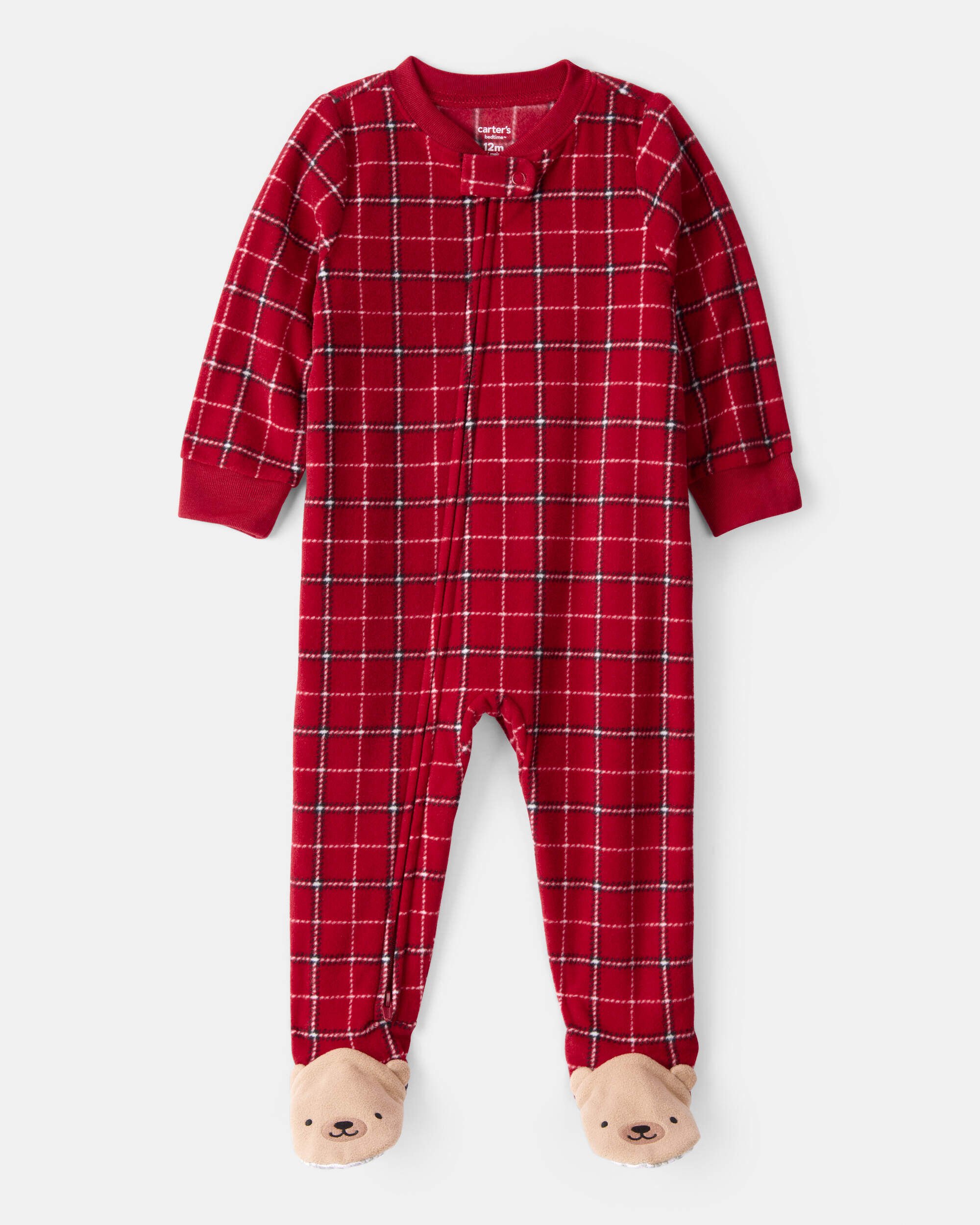 Baby Boy Plaid Print Fleece Loose Fit 1-Piece Pajamas - Red