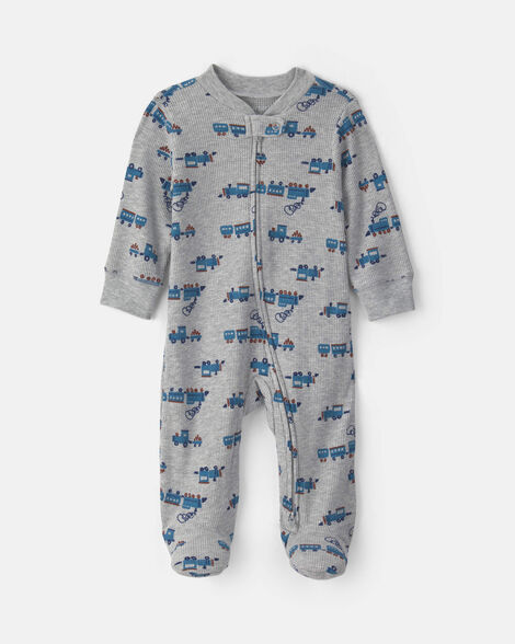 baby boy train cotton 2-way zip thermal sleep & play pajamas - grey