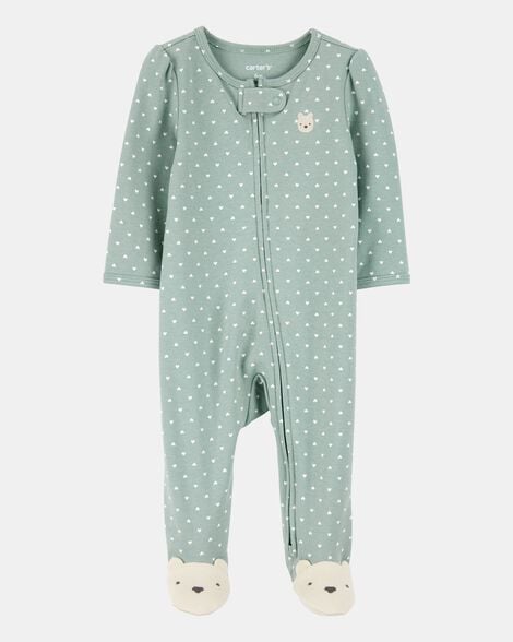 baby girl polka dot 2-way zip cotton sleep & play pajamas - green