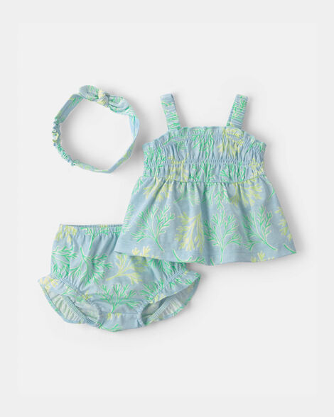 baby girl 3-piece coral top & short set - blue/green