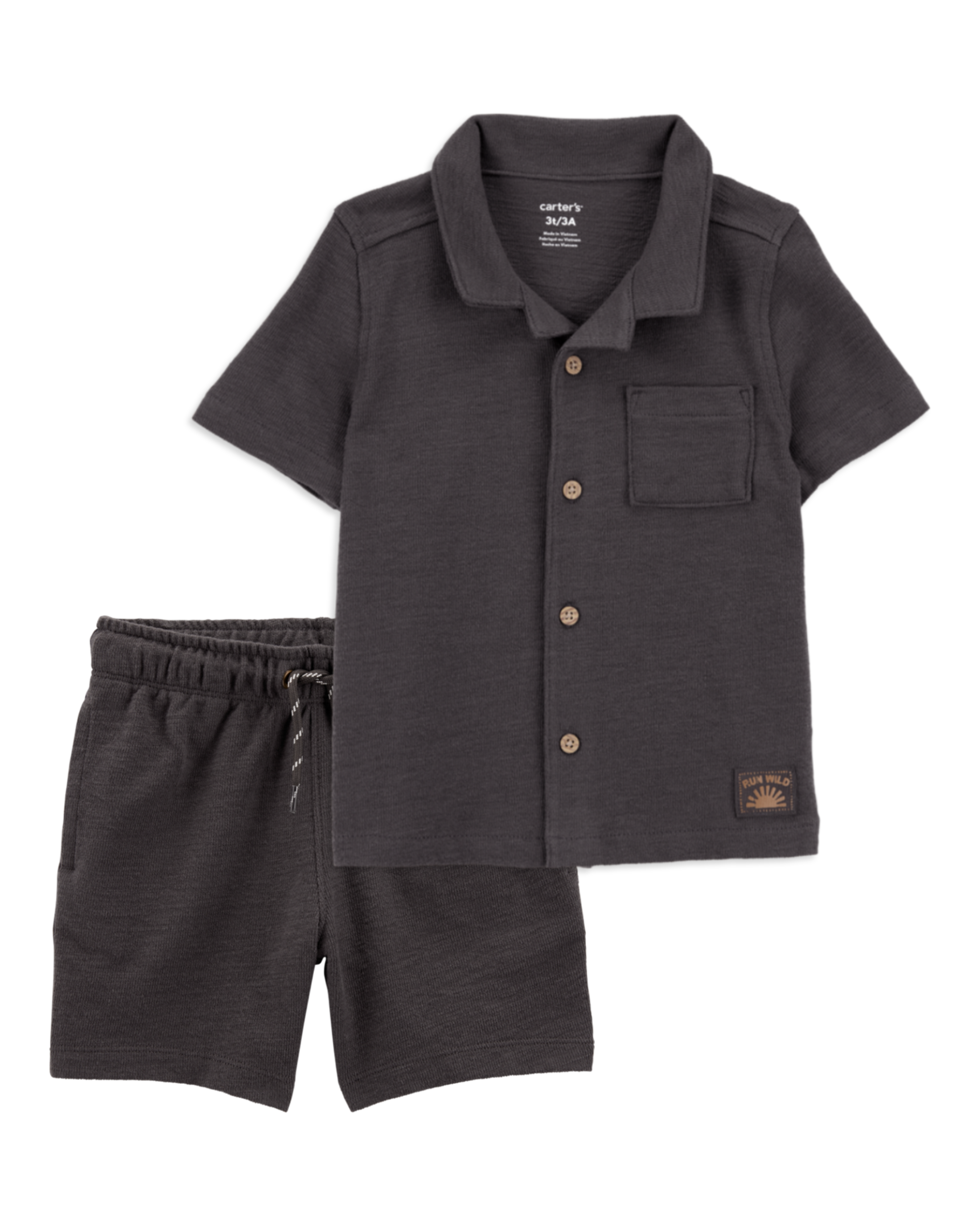 Toddler 2-Piece Textured Button-Down Jacquard Shirt & Shorts Set - Brown/Black