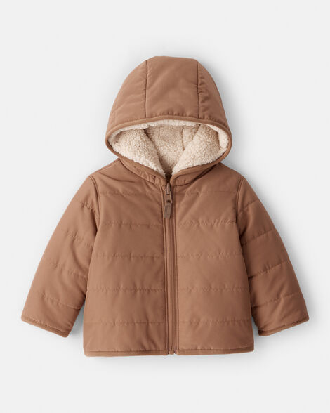 baby boy reversible sherpa hooded midweight jacket - brown