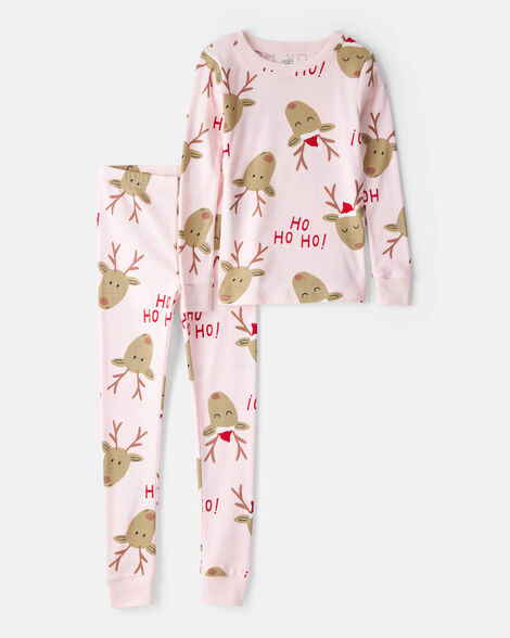 kid reindeer 100% cotton snug fit 2-piece pajamas - pink